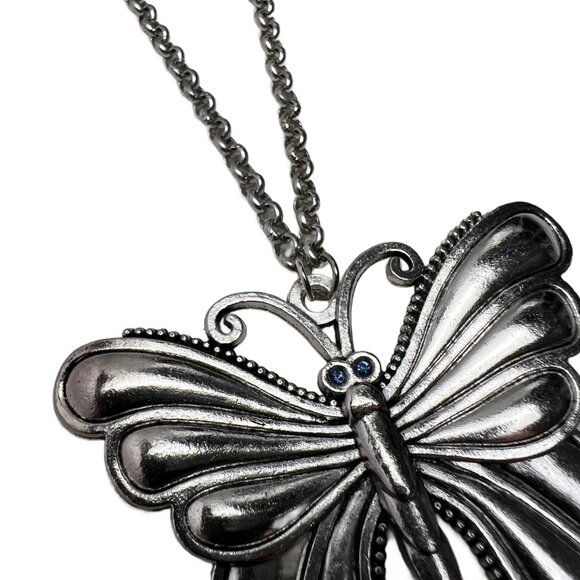 Butterfly Pendant Necklace with Blue Crystals Antique Silver Tone - Picture 3 of 8